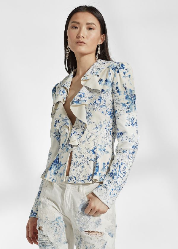 Chaquetas Ralph Lauren Mujer Blancos / Azules - Mitchell Floral Leather - OEWCB2560